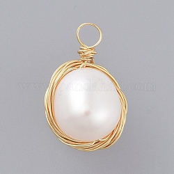 Perla barocca naturale perla keshi, pendenti di perle coltivate d'acqua dolce, con vero filo di rame placcato in oro 18k, ovale, colore conchiglia, 17~22x11mm, Foro: 2.5 mm