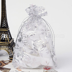 Rose Printed Organza Bags, Gift Bags, Rectangle, White, 14~15x10cm