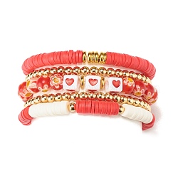 Ensemble de bracelets extensibles perlés heishi en argile polymère 5pcs 5 styles, bracelets au chalumeau millefiori faits à la main avec coeur pour femme, rouge, diamètre intérieur: 2-1/4 pouce (5.7 cm)