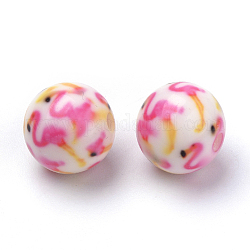 Opaque Printed Acrylic Beads, Round with Flamingo Shape Pattern, Pearl Pink, 11.5~12x11mm, Hole: 2.5mm