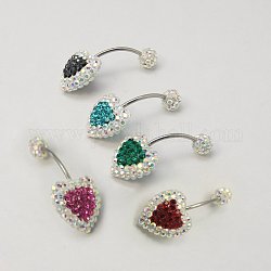 Austrian Crystal Belly Rings, with 316 Stainless Steel and Polymer Clay, Heart, Mixed Color, 30x14x9mm, Pin: 1mm