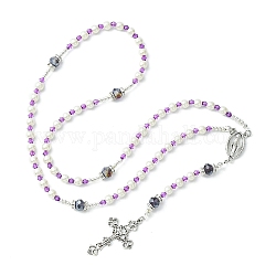 Glass Pearl Rosary Bead Necklace, Alloy Cross & Virgin Mary Pendant Necklace, Purple, 24.41 inch(62cm)