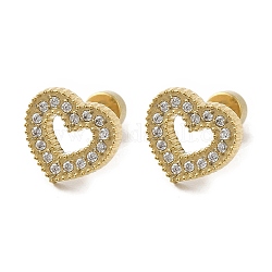 304 Stainless Steel with Rhinestone Stud Earrings for Women, Heart, Real 14K Gold Plated, 10x9mm