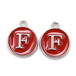 Platinum Plated Alloy Enamel Charms, Cadmium Free & Lead Free, Enamelled Sequins, Flat Round with Letter, Letter.F, 14x12x2mm, Hole: 1.5mm