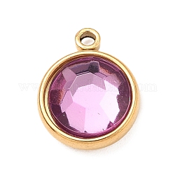 304 Stainless Steel Charms, with Acrylic Rhinestone, Birthstone Charms, Faceted, Flat Round, Golden, Light Amethyst, 12x10x4.4mm, Hole: 1.3mm