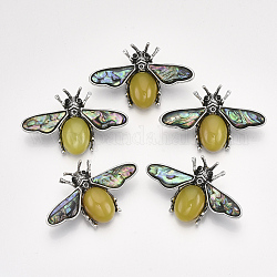 Natural Topaz Jade Brooches/Pendants, with Rhinestone and Alloy Findings, Abalone Shell/Paua Shelland Resin Bottom, Bee, Antique Silver, 36x56.5x14mm, Hole: 7x4mm, Pin: 0.7mm