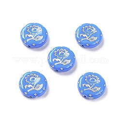 Opaque Acrylic Beads, Metal Enlaced, Flat Round with Flower Pattern, Royal Blue, 17.5~18x5~5.5mm, Hole: 1.8mm, about 399pcs/500g