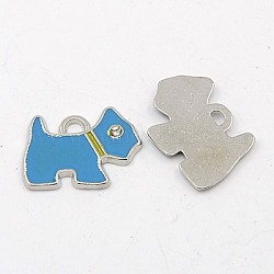 Alloy Enamel Pendants, Lead Free and Cadmium Free with Rhinestone, Dog, Platinum, Blue, about 16mm long, 20mm wide, 1.5mm thick, hole: 2mm