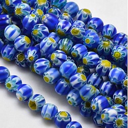 Chapelets de perles rondes de millefiori en verre, bleu, 7.6~8mm, Trou: 1mm, Environ 48 pcs/chapelet, 14.9 pouce