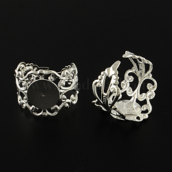 Flat Round Brass Filigree Ring Settings, Adjustable Ring Base Findings, Silver Color Plated, Tray: 10mm, 17mm