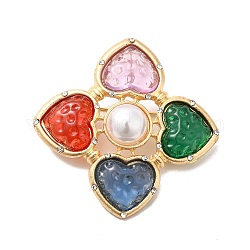 Trèfle coeur strass avec broche imitation perle, insigne en alliage doré pour sac à dos vêtements pendentif bijoux, colorées, 62.5x62.5x7.5mm, pin: 1 mm, Trou: 9x5mm