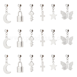 PandaHall Elite 60Pcs 6 Style 304 Stainless Steel Pendants, with Tube Bails, for European Jewelry Making, Star & Butterfly & Moon & Lock & Key & Cross, Stainless Steel Color, 18~23mm, Hole: 2mm, 10pcs/style
