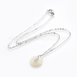 Brass Real Platinum Plated Cable Chains Pendant Necklaces, with 304 Stainless Steel Findings and Freshwater Shell Pendants, Flat Round with Pineapple, Stainless Steel Color, 17.52 inch(44.5cm), Pendant: 16x3mm