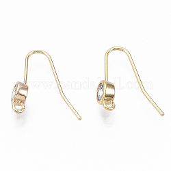 Brass Micro Cubic Zirconia Earring Hooks, with Horizontal Loop, Nickel Free, Clear, Real 18K Gold Plated, 13mm, Hole: 1mm, 22 Gauge, Pin: 0.6mm