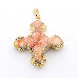 Cross Electroplated Natural Agate Crystal Brass Big Pendants, Druzy Trimmed Stone, Golden, 54x42x13mm, Hole: 5x7mm