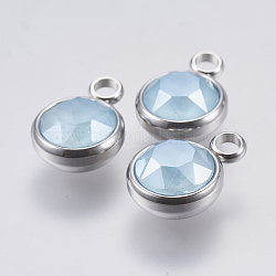 Pendentifs en verre K9, avec accessoires en 304 acier inoxydable, facette, plat rond, couleur inoxydable, bleu ciel, 13.5x10x6mm, Trou: 2.5mm