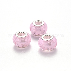Perles européennes vernissées manuelles, perles de rondelle avec grand trou , en laiton de tonalité de platine noyaux doubles, perle rose, 14x9~10mm, Trou: 5mm