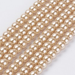 Eco-Friendly Glass Pearl Bead Strands, Round, Dyed, Cotton Cord Threaded, Wheat, 6mm, Hole: 1.2~1.5mm, about 70pcs/strand, 15.7 inch