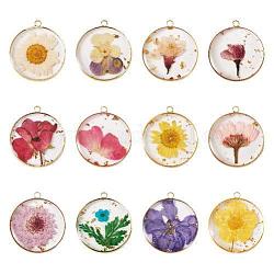 12Pcs 12 Styles Transparent Clear Epoxy Resin Pendants, with Edge Golden Plated Brass Loops and Gold Foil, Flat Round Charms with Inner Flower, Mixed Color, 33.8x30x4mm, Hole: 2.5mm, 1pc/style