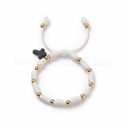 Bracelet à breloques croix turquoise synthétique (teint), Bracelet porte-bonheur noeud en polyester ciré avec perles en laiton pour homme femme, blanc, diamètre intérieur: 2-1/2~3-1/8 pouce (6.5~8 cm)