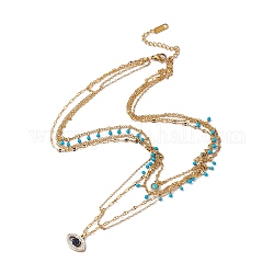 Pendentifs oeil de cheval turquoise et strass synthétiques collier multicouche avec perles en plastique, 304 collier bohème en acier inoxydable pour femme, or, 16.14 pouce (41 cm)