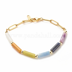 Natural Mixed Gemstone Curved Tube Beaded Bracelet with 304 Stainless Steel Paperclip Chains, Chakra Jewelry for Women, 8 inch(20.2cm)