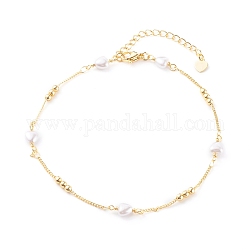 Brass Curb Chain Anklets, with Heart Glass Beads, Golden, 9-7/8 inch(25cm)