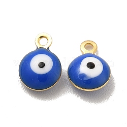304 Stainless Steel Evil Eye Enamel Charms, Flat Round Charm, Golden, Blue, 7.5x6x3mm, Hole: 1mm