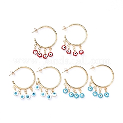 304 Stainless Steel Dangle Stud Earrings, Half Hoop Earrings, with Brass Enamel Charms and Ear Nuts, Evil Eye, Golden, Mixed Color, 44x33x4mm, Pin: 0.8mm