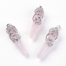 Quartz rose naturel gros pendentifs pointus, avec les accessoires en laiton plaqués de platine, balles, 55~60x16mm, Trou: 5x8.5mm