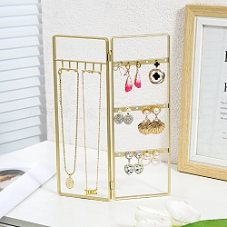 Iron Jewelry Display Folding Screen Stands with 2 Folding Panels, Jewellery Earring Organizer Hanging Holder, for Necklace, Bracelet, Ring, Rectangle, Golden, 28x20.5x1.4cm