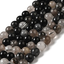 Chapelets de perles en quartz rutile noir naturel, ronde, 6~7mm, Trou: 1mm, Environ 61 pcs/chapelet, 15.5 pouce