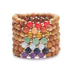 7Pcs 7 Style Natural Wood & Mixed Gemstone Round Beaded Stretch Bracelets Set, Chakra Yoga Jewelry for Women, Inner Diameter: 2 inch(5.2cm), 1Pc/style