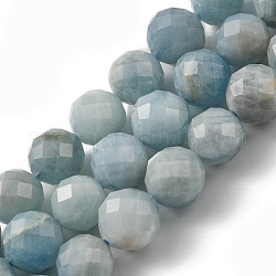 Chapelets de perles en aigue-marine naturelle, facetté (64 facettes), ronde, 9~10mm, Trou: 1mm, Environ 38 pcs/chapelet