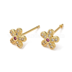 Rack Plating Brass Flower Stud Earrings, with Cubic Zirconia, Lead Free & Cadmium Free, Real 18K Gold Plated, 7x7.5mm