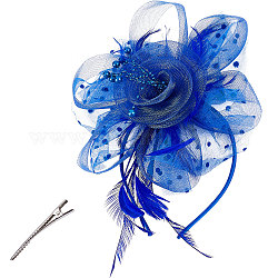 Pinces à cheveux en alligator haut de forme en maille, plume fascinateur coiffure accessoires de cheveux de mariée, bleu, 310x220x50mm