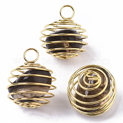 Pendentifs cage en spirale en fer, avec des perles de quartz fumées naturelles à l'intérieur, ronde, or, 21x24~26mm, Trou: 5mm