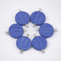 Conectores de eslabones de porcelana hechos a mano, esmerilado, con fornituras de latón, redondo y plano con la constelación, Platino, azul, Acuario, 22x15~15.5x3mm, agujero: 1.5 mm