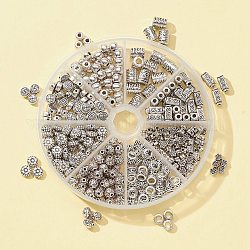 372 pièces 8 perles en alliage de style tibétain, fleur et ronde et rondelle et colonne et baril et cuboïde et plat rond, argent antique, 6~10.5x3.5~7mm, Trou: 1~3.5mm