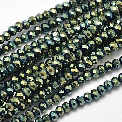 Faceted Rondelle Full Plated Electroplate Glass Beads Strands, Green Plated, 3.5x2mm, Hole: 0.5mm, about 130pcs/strand, 14.9 inch
