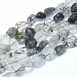 Naturale nero rutilato perle di quarzo fili, pietra burrattata, pepite, 8~14x6~10x4~10mm, Foro: 0.8 mm, circa 40~43pcs/filo, 15.3~15.7 pollice (39~40 cm)