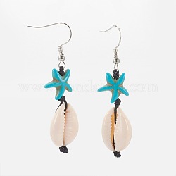Cowrie Shell Dangle Earrings, with Synthetic Turquoise Starfish/Sea Stars Beads, Nylon Thread, Brass Earring Hooks, Seashell Color, 50~57mm, Pin: 0.7mm
