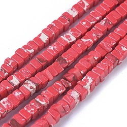 Synthetische imperiale Jaspisperlenstränge, gefärbt, quadratische Heishi-Perlen, rot, 3~3.5x3~3.5x1.7~2.5 mm, Bohrung: 0.7 mm, ca. 187 Stk. / Strang, 15.27 Zoll ~ 15.35 Zoll (38.8~39 cm)
