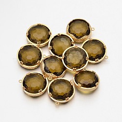 Золотые латунь, покрытая стеклянные подвески, плоские круглые граненые, кофе, 21.5x20x10 мм, отверстие : 1 мм