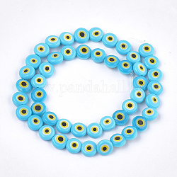 Handmade Evil Eye Lampwork Beads Strands, Flat Round, Sky Blue, 7.5~8x3~4mm, Hole: 1mm, about 48pcs/strand, 13.7 inch~14.9 inch