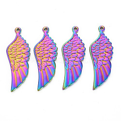 201 Stainless Steel Pendants, Wing, Rainbow Color, 36x13x2mm, Hole: 1.5mm