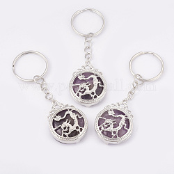 Porte-clés améthyste naturelle, avec les principaux anneaux de fer, plat rond avec le dragon, platine, 80mm, pendentif: 34.5x26x8.5 mm
