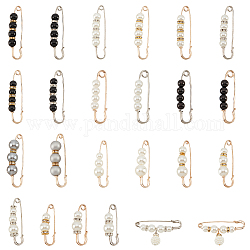 PandaHall Elit 24Pcs 24 Style Plastic Imitation Pearl Beaded Safety Pin Brooches Set, Iron Sweater Shawl Clips for Waist Pants Extender Clothes Dresses Decorations, Platinum & Light Gold, 38.5~78x10.5~19x4~14mm, pin: 1~1.5, 1Pc/style