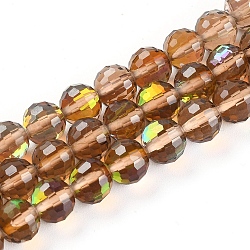 Electroplate Transparent K9 Glass Beads Strands, Faceted, Round, Sienna, 8mm, Hole: 1mm, about 50pcs/strand, 14.76 inch(37.5cm)