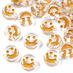Perles en acrylique transparente, trou horizontal, avec poudre scintillante et émail, plat rond avec le visage de sourire, or, 10x5mm, Trou: 2mm, environ 1600 pcs/500 g